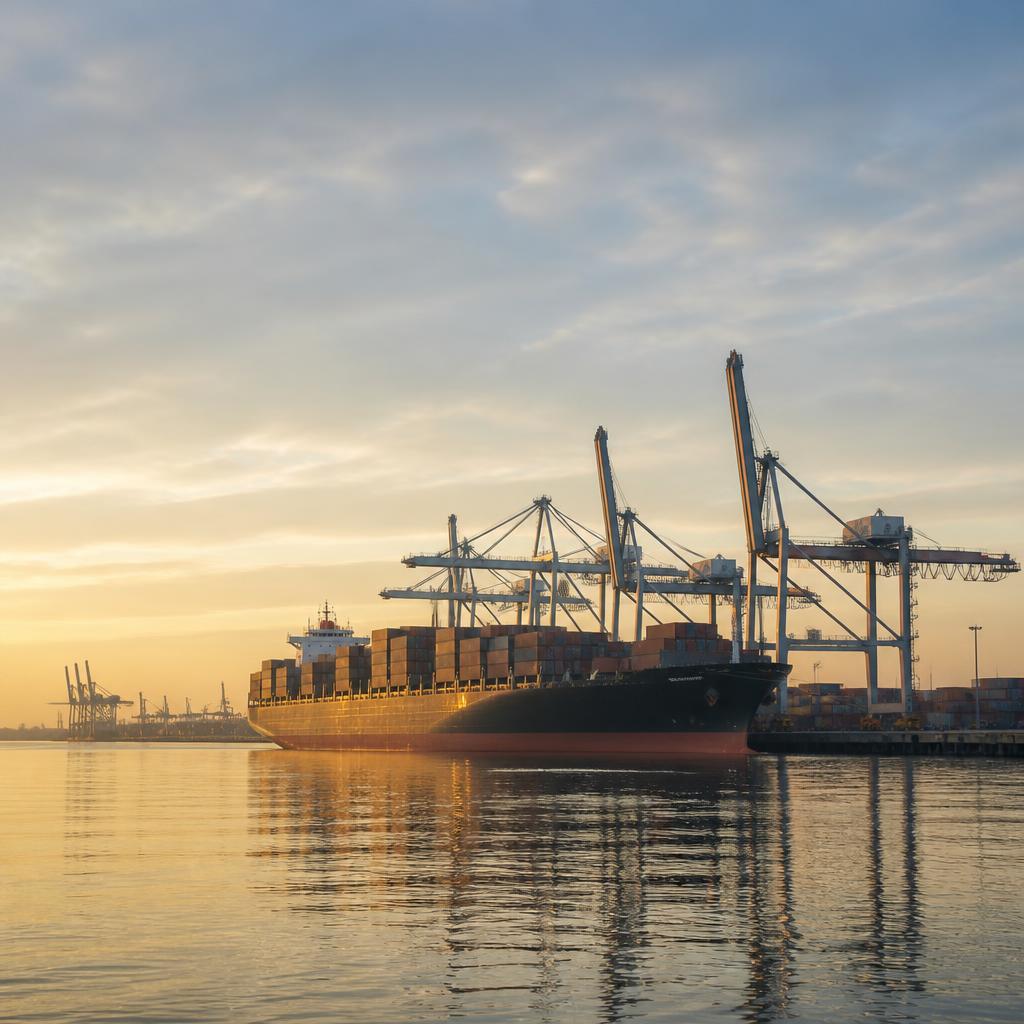 Illustrative view of a container ship and port cranes in soft morning light